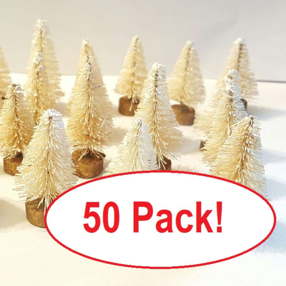 50 Ivory White Mini Sisal Bottle Brush Xmas Snow Flocked Christmas Trees Crafts